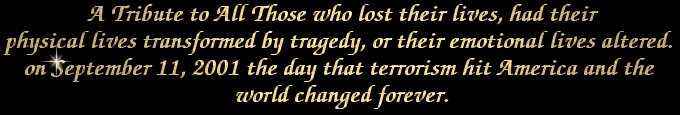 A tribute to all those who lost their lives, had their physical lives transformed by tragedy, or their emotional lives altered on September 11,2001 the day that terrorism hit America and the world changed forever.