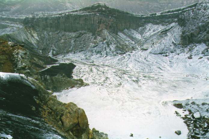 Beautifully iced top of Mt. Aso