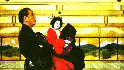 Chief manipulator with Bunraku puppet