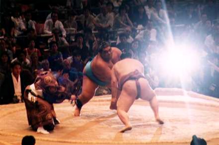 Musashimaru and Takanonami fighting together