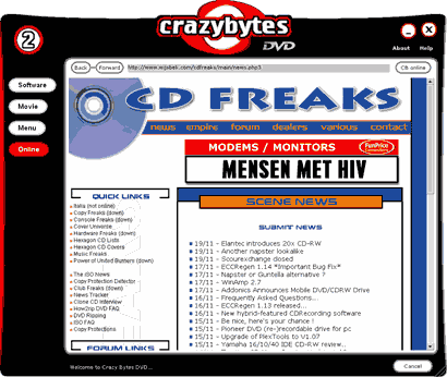 The integrated Internet Explorer in the menu