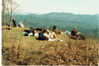 A relaxing afternoon siesta atop the breathtaking Cheoah Bald, 01988. From right to left: Coot, Ken and Carrie, Strider and Zero.
