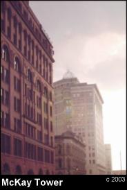 Grand Rapids, Kent County, West Michigan. The McKay Tower, Downtown. Looking West on Pearl St. 
