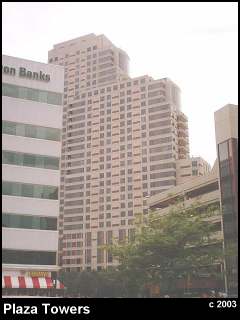 Plaza Towers in The City of Grand Rapids. View from the east side of Monroe Ave looking southwest.