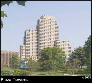 Plaza Towers in The City of Grand Rapids, Michigan. A view across the Grand River looking east.
