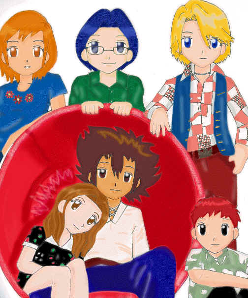 Clockwise, starting with the guy in the chair: Tai, Mimi, Sora, Joe, Matt, Izzy.