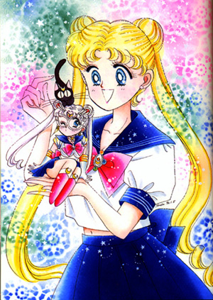 manga picture of Usagi, Luna, and Chibi Sailor Moon