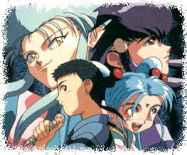 Ryoko's got cyan hair, Ayeka has the dark purple, Sasami has the blue hair and red hair ties and Tenchi's the guy with the sword
