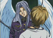 Rosiel choking Setsuna as he speaks to him