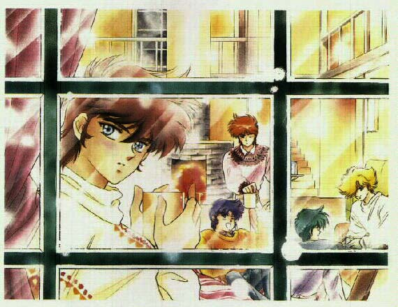 Ryo staring out the window with the others doing misc. things in back of him.