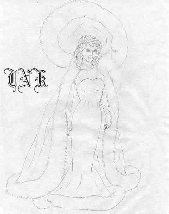 Shania in a cape and dress trimmed with white fox