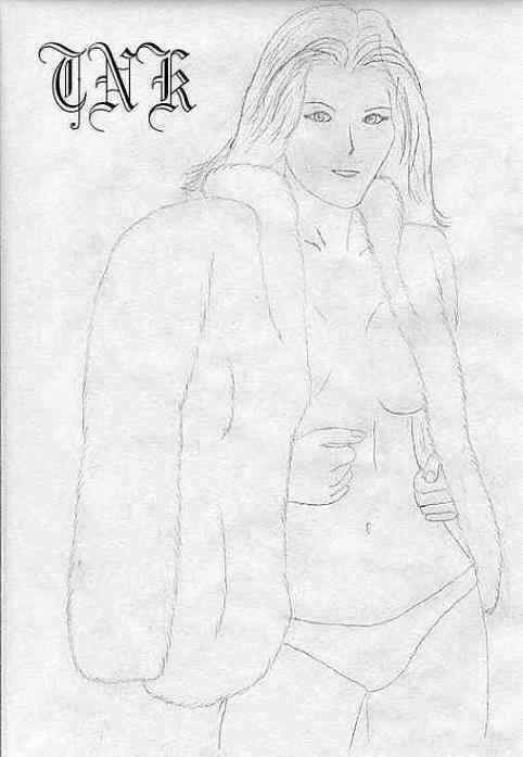 Kelly Hu in nothing but panties and a white mink coat