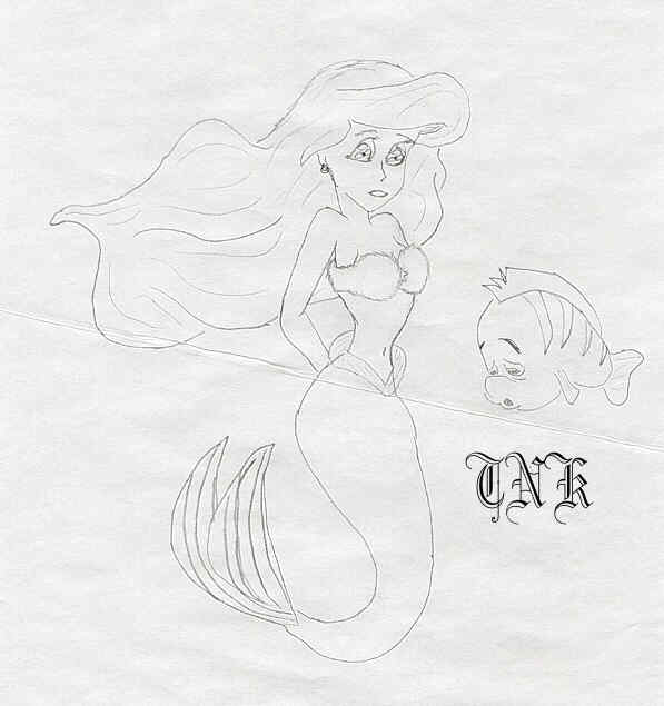 Ariel in an ermine bikini and her hands tied behind her