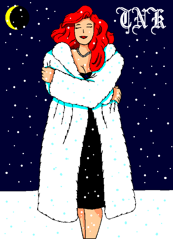 Jean Grey in a white mink coat