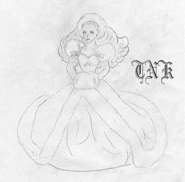 Ms. Hewit in a gold gown with white fox trim