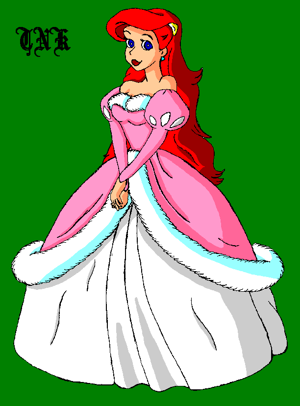 Ariel in her pink gown with white fox tirm