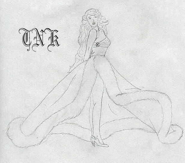 Jean Grey in a blue wrap skirt trimmed with white fox