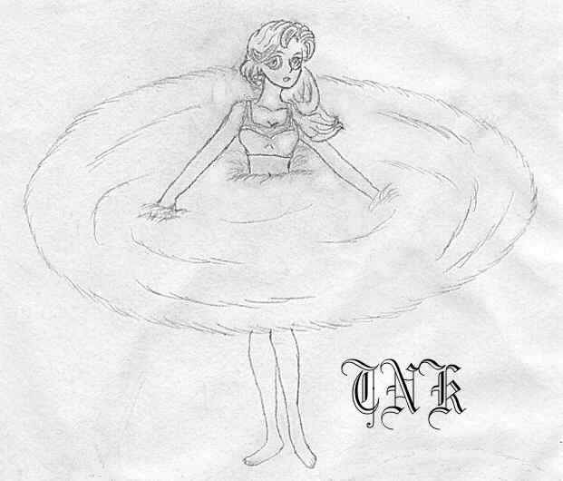 Girl with a large disk of white fox around her waist