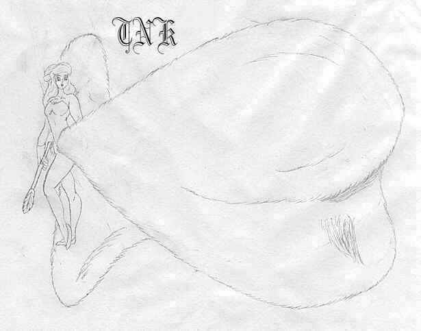 Farie with a white mink skirt shaped like wings at her waist