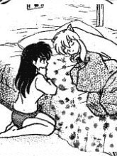 Kagome sweetly watches Inuyasha sleep on her bed