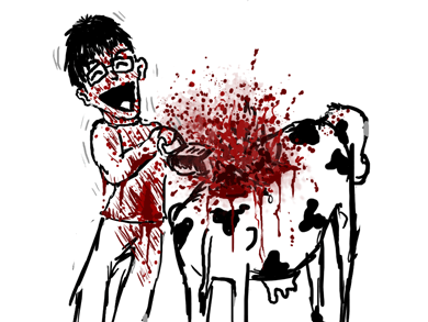 suddenly, briton slaughtered that cow with a chainsaw in front of everyone. as you can see, he was having a grand old time.