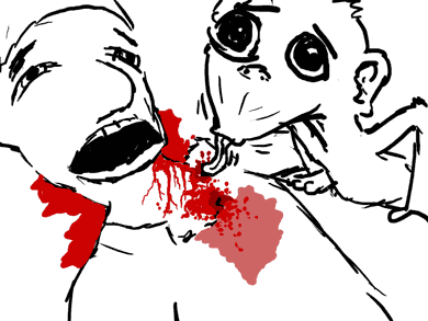 the monkey tongues the wounds, tasting the delicious nector contained in the banana man's neck