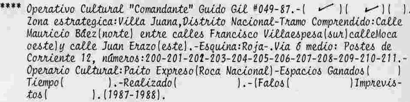 FICHA TECNICA Y ARTISTICA PLANO OPERATIVO CULTURAL "CMDTE" GUIDO GIL  #049-87 (VILLA JUANA)