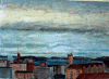 this painting is dated because of the airplane over the city. The view from University of Oslo