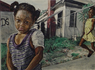 A girl from Riveria Beach Florida was hit in the arm by a stray bullet.  Her expression is why I painted this. Summer of 2001.