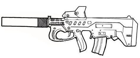 MagSub of Bullpup layout with conventional bottom inserted magazine and suppressor