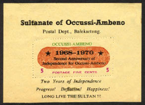 Occussi-Ambeno's first-ever minisheet was issued in 1970 to note the second anniversary of independence.
