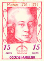 The composer Mozart is honored on this 15 cent stamp.