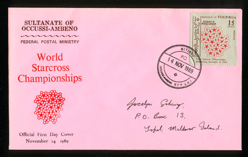 Feripaega Regency in Occussi-Ambeno issued a commemorative stamp to celebrate the World Starcross Championships in 1989.