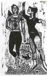 /PasDeDeux, a 1958 black &white woodcut by Irving Amen