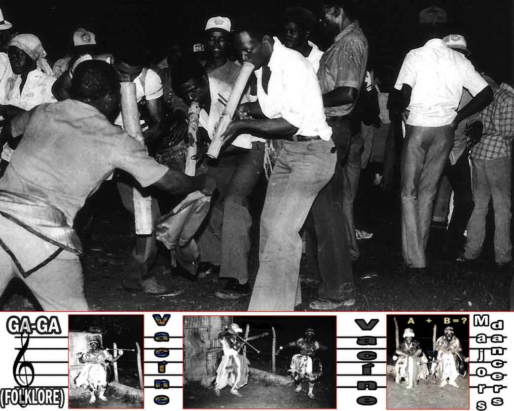 GA-Ga (folklore). D�signe un style de "comparsa" ou un groupe de bailadores d'origine afro-ha�tien pratiqu�s par des travailleurs noirs des moulins � sucre dominicains. Le terme "install�e" est une translitt�ration de la parole ha�tien "rare", et qu'il d�signe l� un rituel d'origine africaine li�s au Vaudou (voir).a dit que ce dernier vocable d�coule � son tour de "rare" tribu africaine du Dahomey. Les "ga-ga", qui sortent de danses dans les rues de petites peupl�es et bateyes en f�vrier (voir), en temps de car�me (semaine sainte) habillent am�nag�s costumes de couleurs vivants (rouge-bleu-vert, etc) ornement�s avec de petits miroirs. Le groupe bailador est compos� de six ou douze personnes (parfois plus) et d'autres tant instrumentistes. Ses mouvements sont dirig�s par un chef qui conduit le Groupe avec un fouet et un pito polici�re ou sportif. I