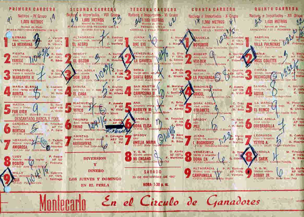 PROGRAMA DE CARRERAS DE CABALLOS DEL 23 DE DICIEMBRE DEL A&Ntilde;O 1967