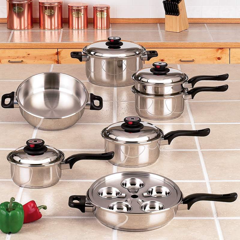 World's Finest Cookware Steam Control Waterless Cookware Set constructed of 7 ply 304 Surgical Stainless Steel - Click for details on the KT17ULTRA waterless cookware set