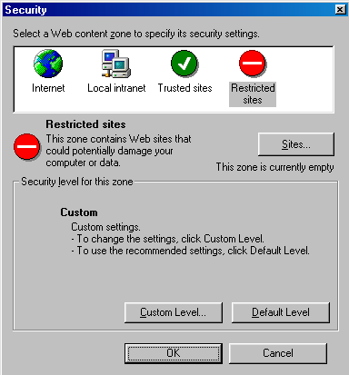 Security zones, with Restricted sites chosen