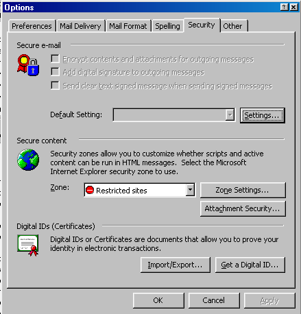 Tools > Options > Security tab