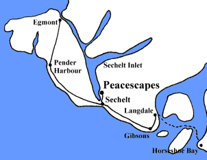 Map, Peacescapes Waterfront Retreat, Vacation Home, Bed and Breakfast, Sechelt, Sunshine Coast, BC, Canada