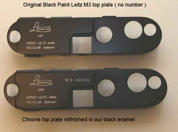 Upper picture is of a new Leica M3 black paint finish cover from the factory - lower pic is a restored chrome housing
