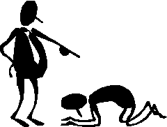 cartoon man cowering before other cartoon man