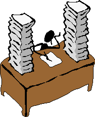 cartoon man at desk writing with paper stacked beside him