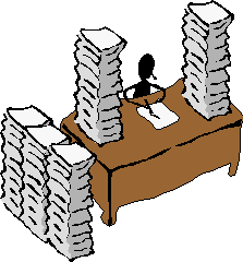 cartoon man at desk writing with even more paper stacked beside him