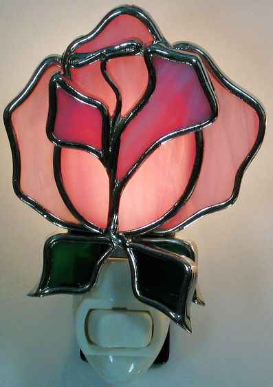 Stained Glass Rose Night Light in Pink or Red