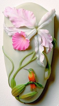 Large Hummingbird and Cattleya Orchids Wall Vase/Wall Pocket - Set of 2