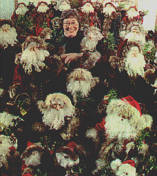 Sonia in her sea of Santas
