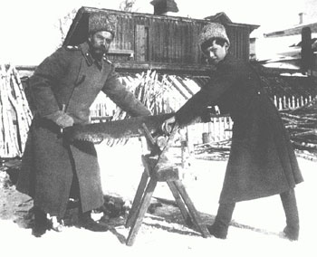 Nicholas and Alexei sawing wood