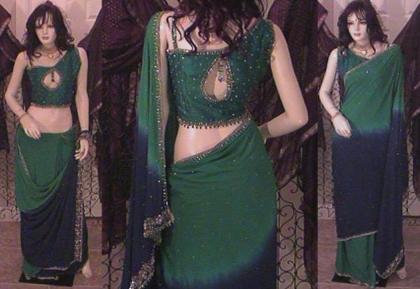 Blue green sari with beads and sequence