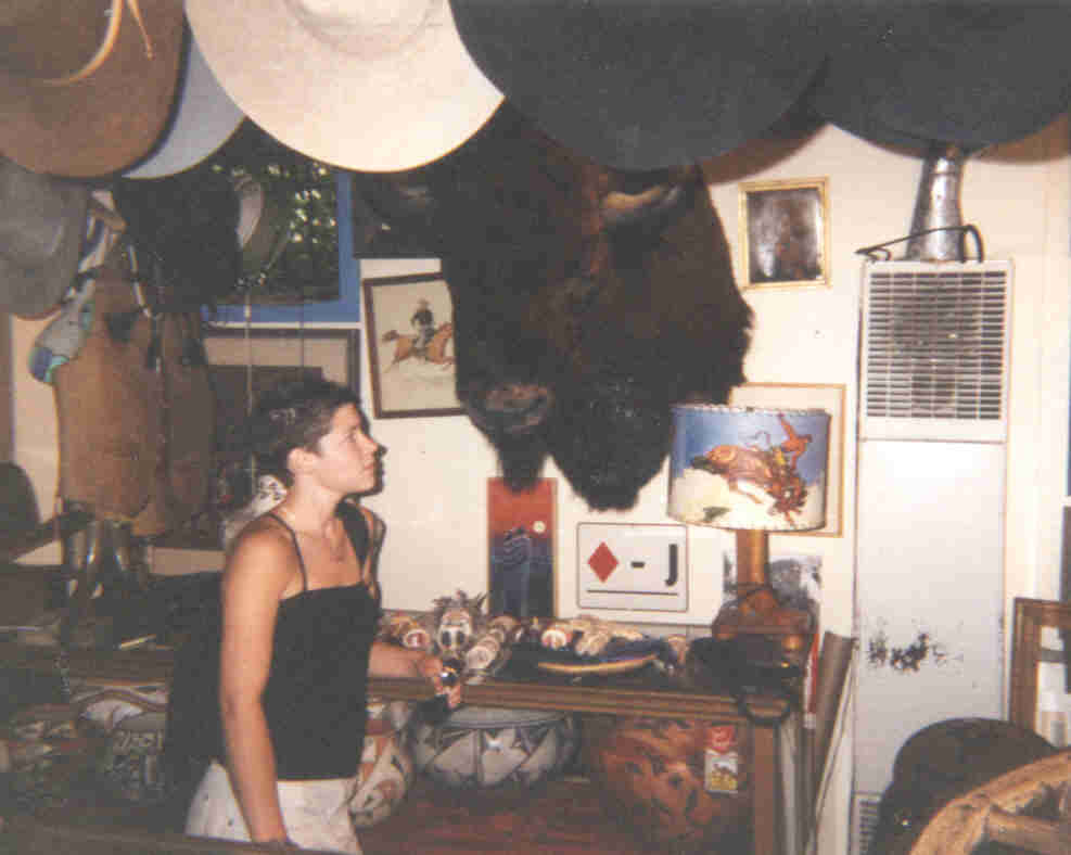 Jessica being goofy with a stuffed buffalo in Santa Fe.